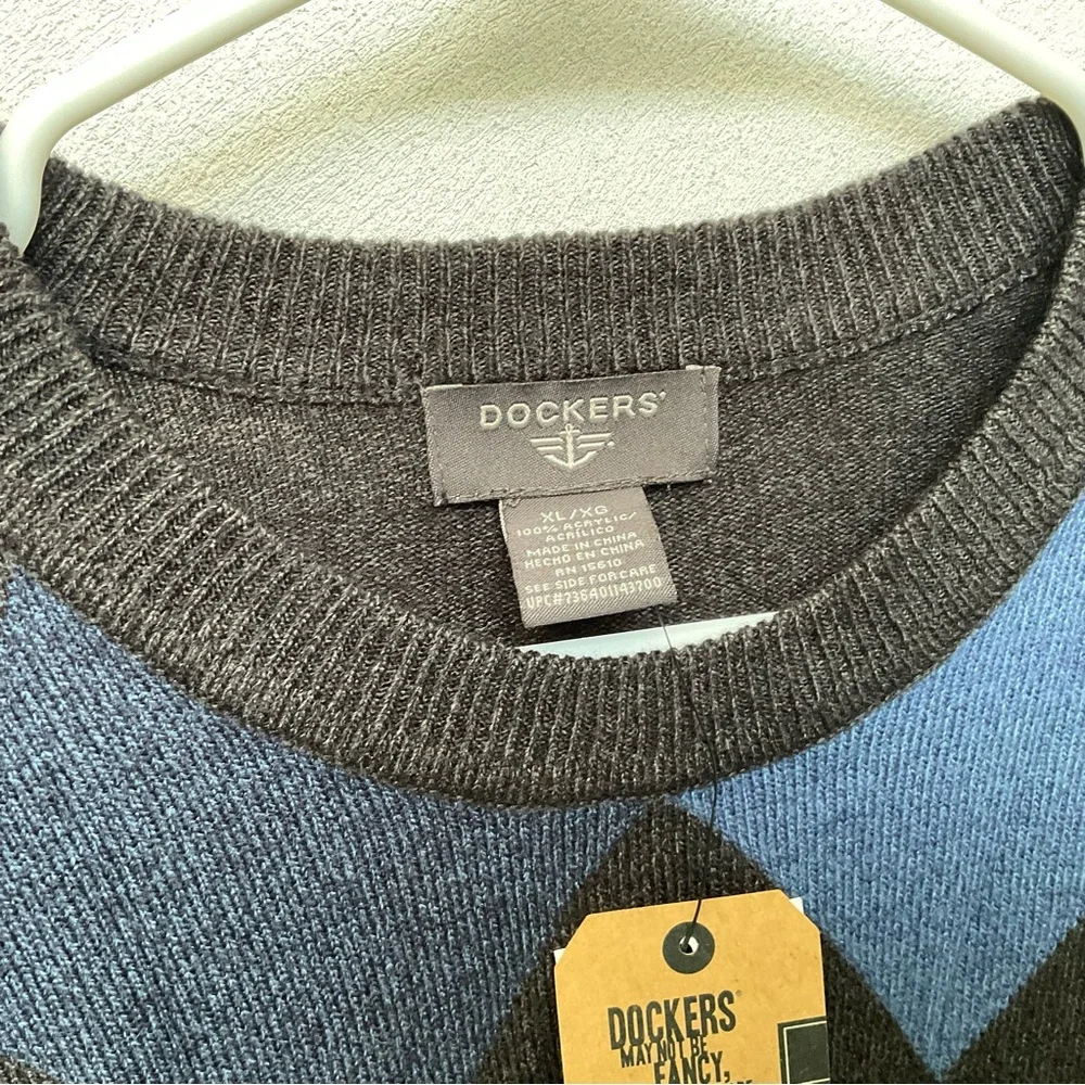 NWT Dockers Charcoal Grey, Blue Argyle Extra Soft Sweater Size XL Winter Warm